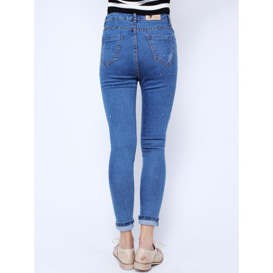 Fashion Casual Blue Denim Battered Holes Long Trousers Pants Jeans