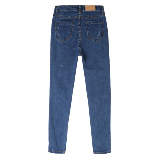 Fashion Casual Blue Denim Battered Holes Long Trousers Pants Jeans