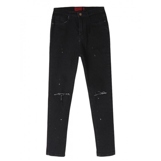 Fashion Casual Blue Denim Battered Holes Long Trousers Pants Jeans