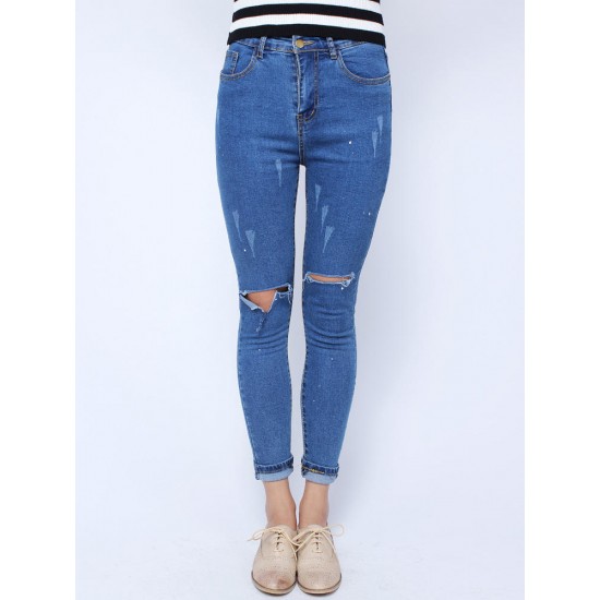 Fashion Casual Blue Denim Battered Holes Long Trousers Pants Jeans