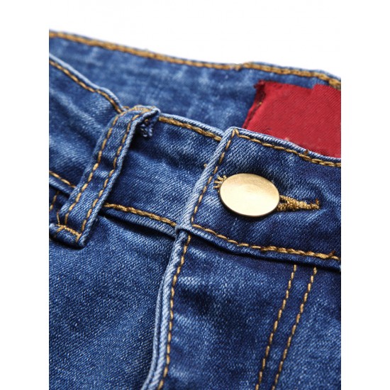 Fashion Casual Blue Denim Battered Holes Long Trousers Pants Jeans