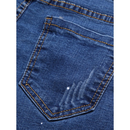 Fashion Casual Blue Denim Battered Holes Long Trousers Pants Jeans