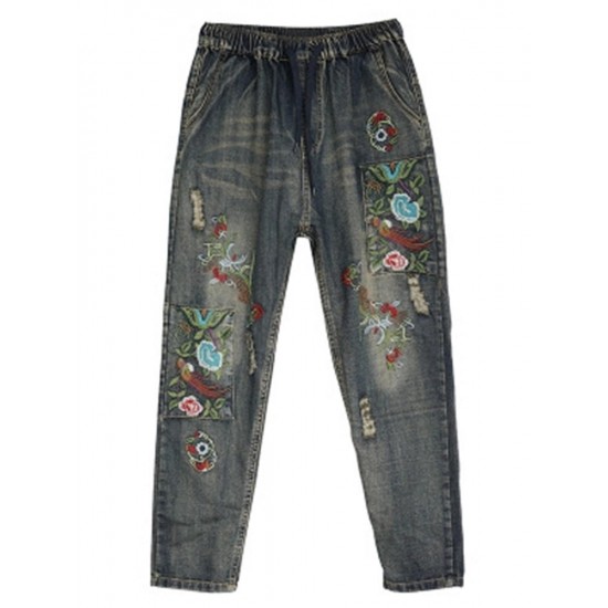 Folk Style Embroidery Elastic Waist Vintage Denim Jeans