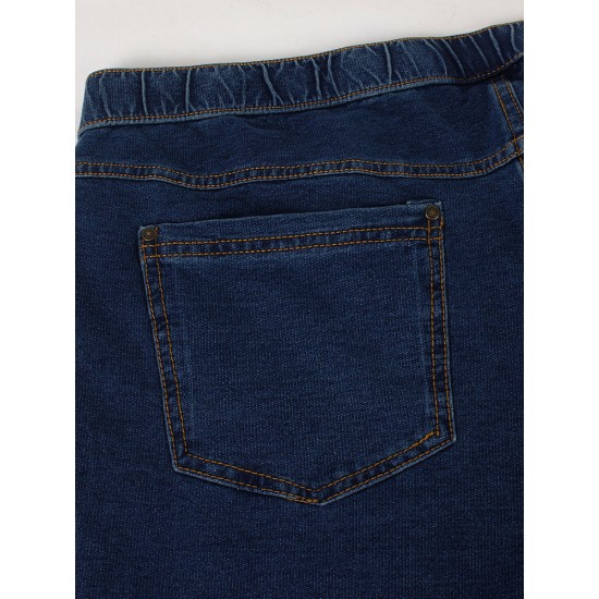 Loose Women Elastic Waist Pure Color Harem Fifth Denim Jeans
