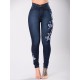 Navy Women Flower Embroidered High Waist Elastic Slim Denim Jeans