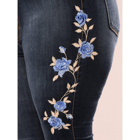 Navy Women Flower Embroidered High Waist Elastic Slim Denim Jeans