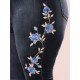 Navy Women Flower Embroidered High Waist Elastic Slim Denim Jeans