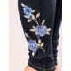 Navy Women Flower Embroidered High Waist Elastic Slim Denim Jeans