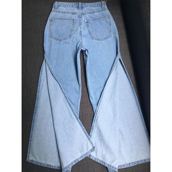 Sexy Women High Waist Side Slit Wide Leg Crop Jeans
