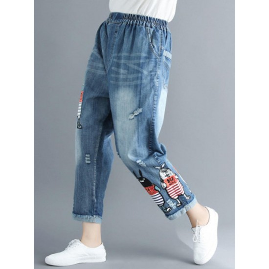 Women Cartoon Embroidery Elastic Waist Denim Jeans