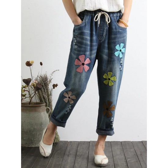 Women Casual Embroidery Drawstring Waist Denim Jeans with Pockets