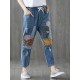 Women Casual Patchwork Elastic Waist Denim Jeans with Pockets