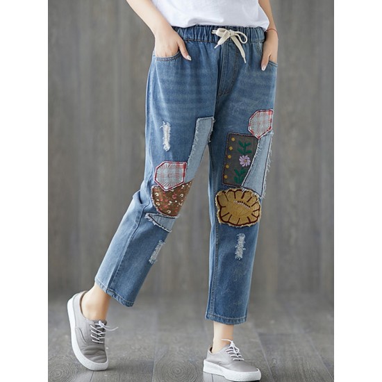 Women Casual Patchwork Elastic Waist Denim Jeans with Pockets
