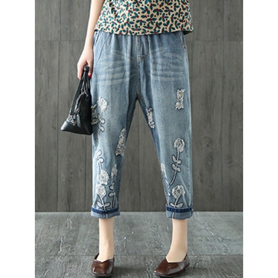 Women Vintage Embroidery Elastic Waist Pocket Denim Jeans