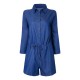 Belt Sexy Denim Blue Long Sleeve Lapel Button Pocket Women Short Jumpsuits