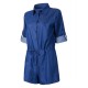 Belt Sexy Denim Blue Long Sleeve Lapel Button Pocket Women Short Jumpsuits