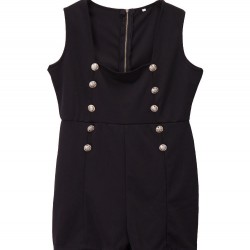 Black Square Neck Double Breasted Sleeveless Rompers Jumpsuit