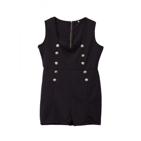Black Square Neck Double Breasted Sleeveless Rompers Jumpsuit Black Square Neck Double Breasted Sleeveless Rompers Jumpsuit