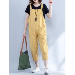 Brief Sleeveless Strap Pure Color Linen Cotton Jumpsuit