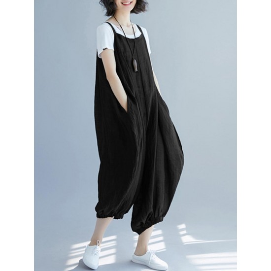Casual Loose Solid Color Side Pocket Sleeveless Jumpsuit
