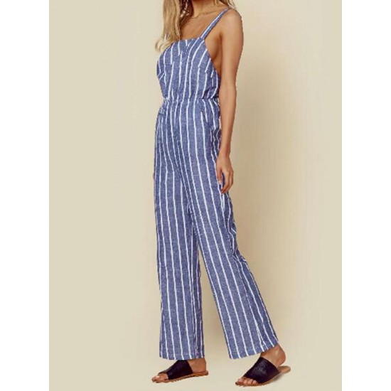 Casual Women Cotton Loose Sleeveless Striped Jumpsuit with Pockets