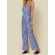 Casual Women Cotton Loose Sleeveless Striped Jumpsuit with Pockets