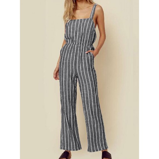 Casual Women Cotton Loose Sleeveless Striped Jumpsuit with Pockets