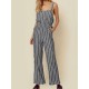 Casual Women Cotton Loose Sleeveless Striped Jumpsuit with Pockets