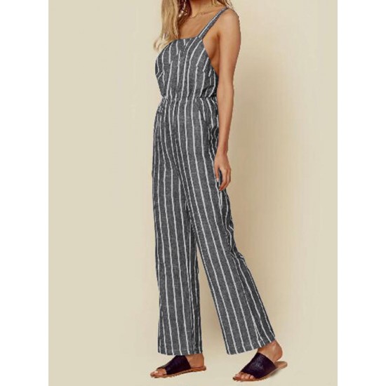Casual Women Cotton Loose Sleeveless Striped Jumpsuit with Pockets