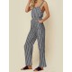 Casual Women Cotton Loose Sleeveless Striped Jumpsuit with Pockets