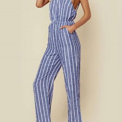 Casual Women Cotton Loose Sleeveless Striped Jumpsuit with Pockets