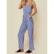 Casual Women Cotton Loose Sleeveless Striped Jumpsuit with Pockets