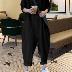 Casual Women Cotton Pure Color Button Long Sleeve Jumpsuit