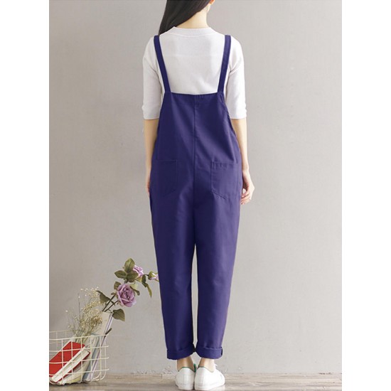 Casual Women Cotton Pure Color Sleeveless Pocket Overalls