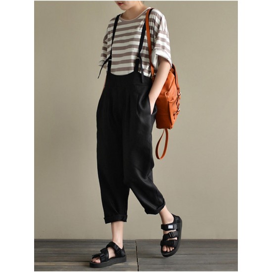 Casual Women Cotton Strap Solid Pockets Jumpsuit