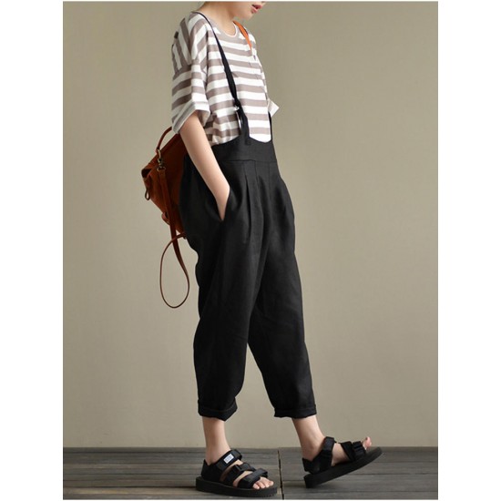 Casual Women Cotton Strap Solid Pockets Jumpsuit