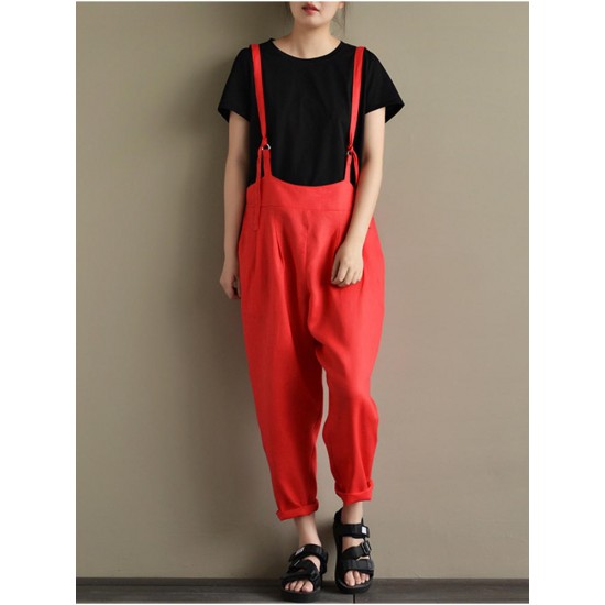 Casual Women Cotton Strap Solid Pockets Jumpsuit