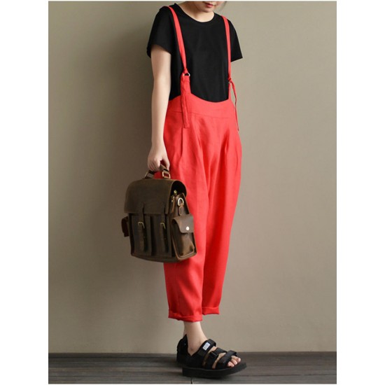 Casual Women Cotton Strap Solid Pockets Jumpsuit