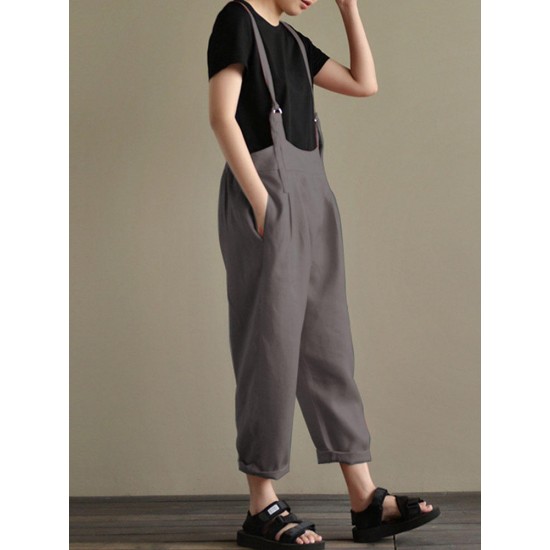 Casual Women Cotton Strap Solid Pockets Jumpsuit