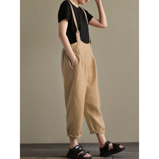 Casual Women Cotton Strap Solid Pockets Jumpsuit