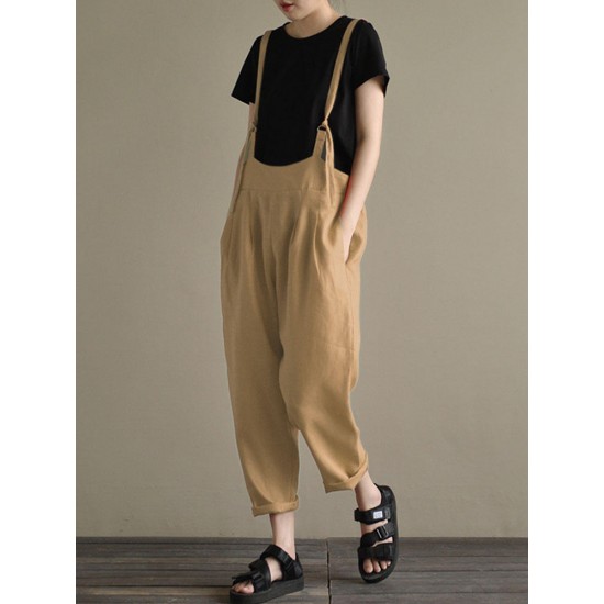 Casual Women Cotton Strap Solid Pockets Jumpsuit