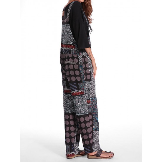 Casual Women Polka Dot Printed Loose Patchwork Pocket Jumpsuit