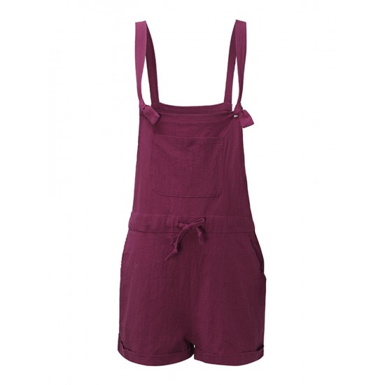 Casual Women Pure Color Drawstring Waist Overall Shorts