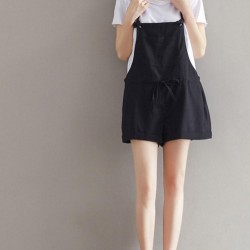 Casual Women Pure Color Drawstring Waist Overall Shorts