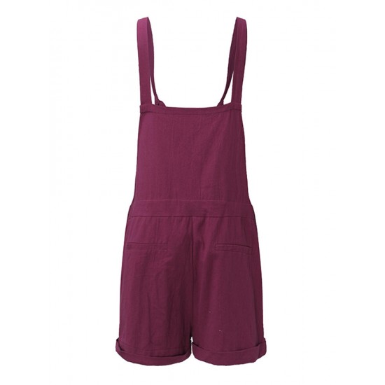 Casual Women Pure Color Drawstring Waist Overall Shorts