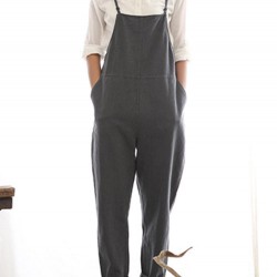 Casual Women Pure Color Side Button Strap Cotton Overalls