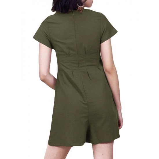 Women V-neck Buttons Solid Color Short Jumpsuit Overalls