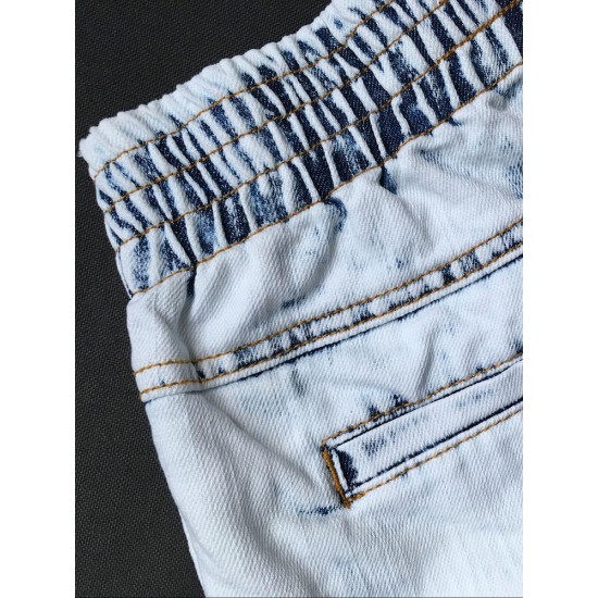 Casual Women Elastic Waist Irregular Denim Shorts with Pocket