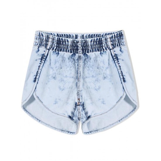 Casual Women Elastic Waist Irregular Denim Shorts with Pocket
