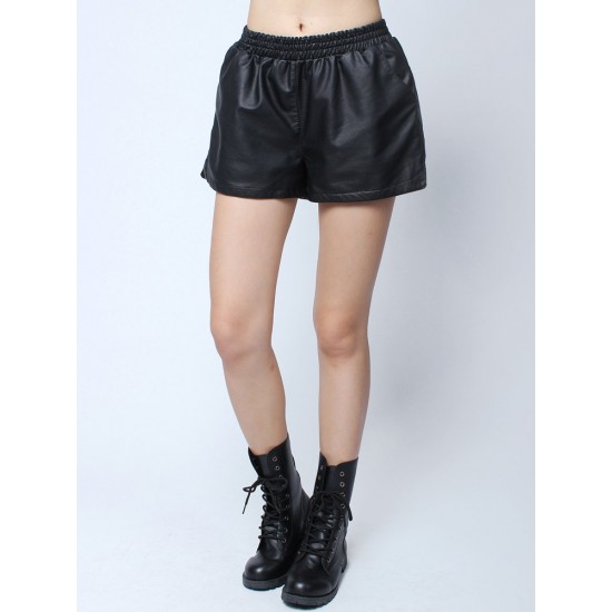 Fashion Casual High Waist Pockets PU Hem Slit Shorts